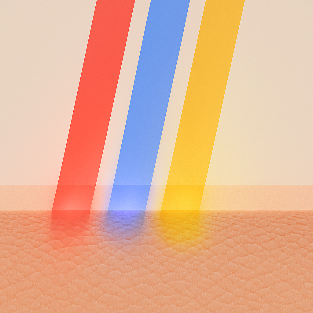 Drei farbigen Lichtstreifen in rot, blau und gelb, die auf eine hautähnliche Oberfläche treffen.