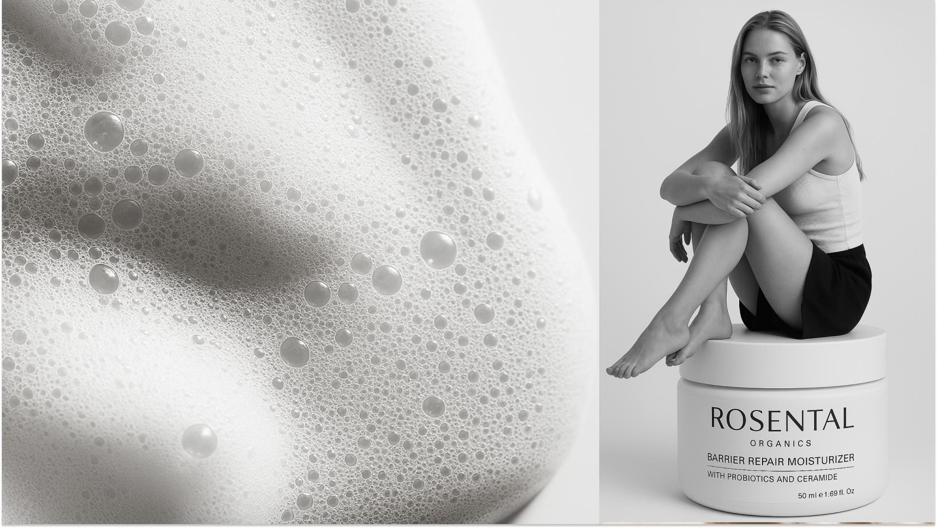 Nahaufnahme von Schaumbläschen links, Frau sitzt auf großer Creme-Dose rechts, minimalistischer Hintergrund.