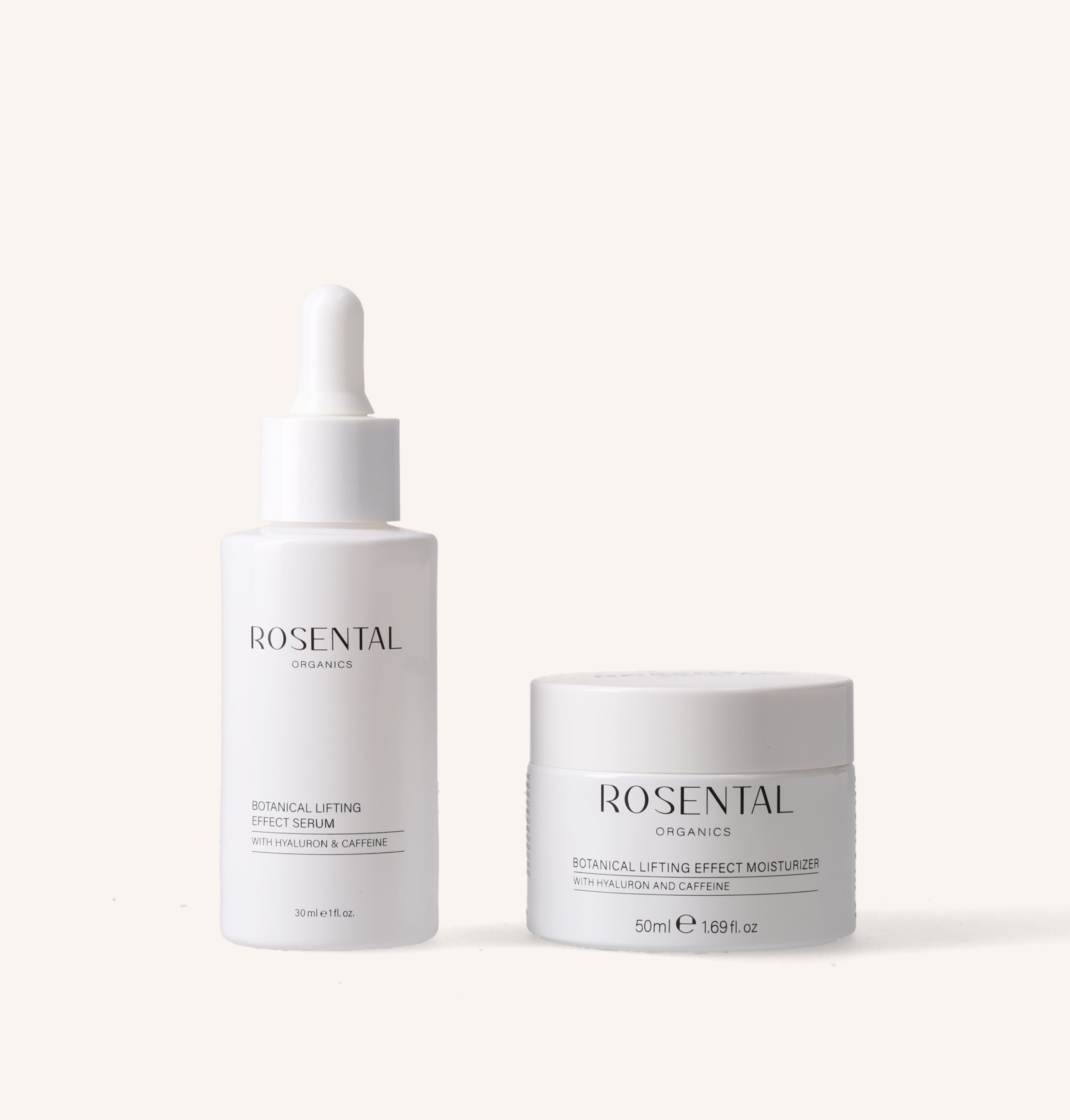 Botanical Lifting Effect Serum und Moisturizer von Rosental Organics nebeneinander mit Hyaluron und Koffein